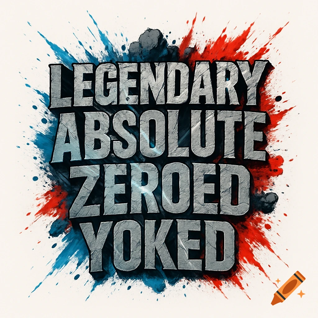 Bold, textured words 'LEGENDARY ABSOLUTE ZEROED YOKED' with red and blue paint splatters on a white background.
