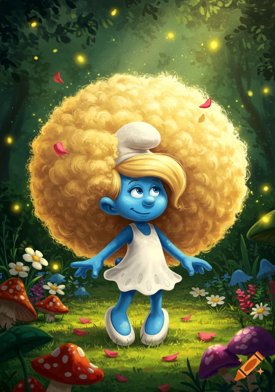 Smurfette in a white dress with a large blonde afro hairstyle stands in a vibrant, glowing magical forest with mushrooms and flowers.