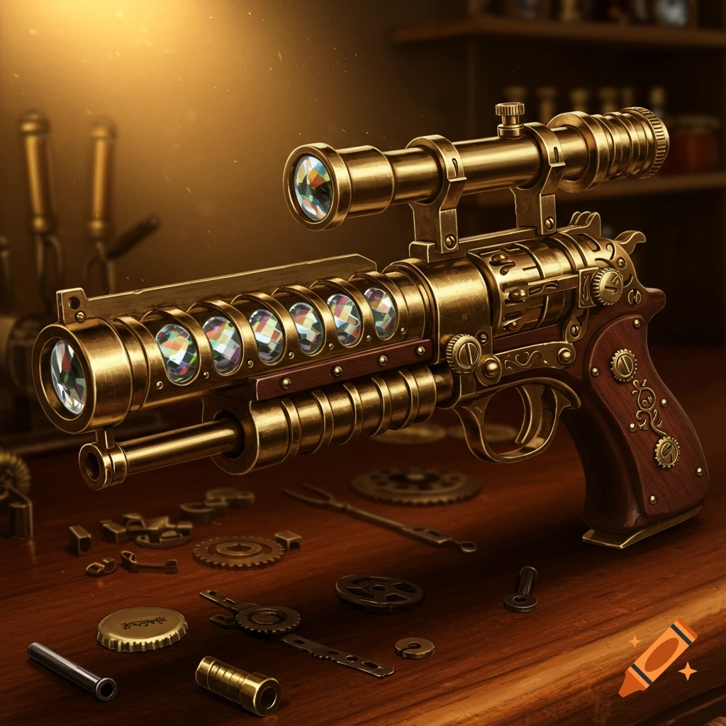A detailed steampunk pistol, crafted from polished brass and dark wood with ornate carvings, featuring multiple crystalline lenses on its barrel, resting on a wooden surface with scattered gears and metal parts. Golden light illuminates the top left.