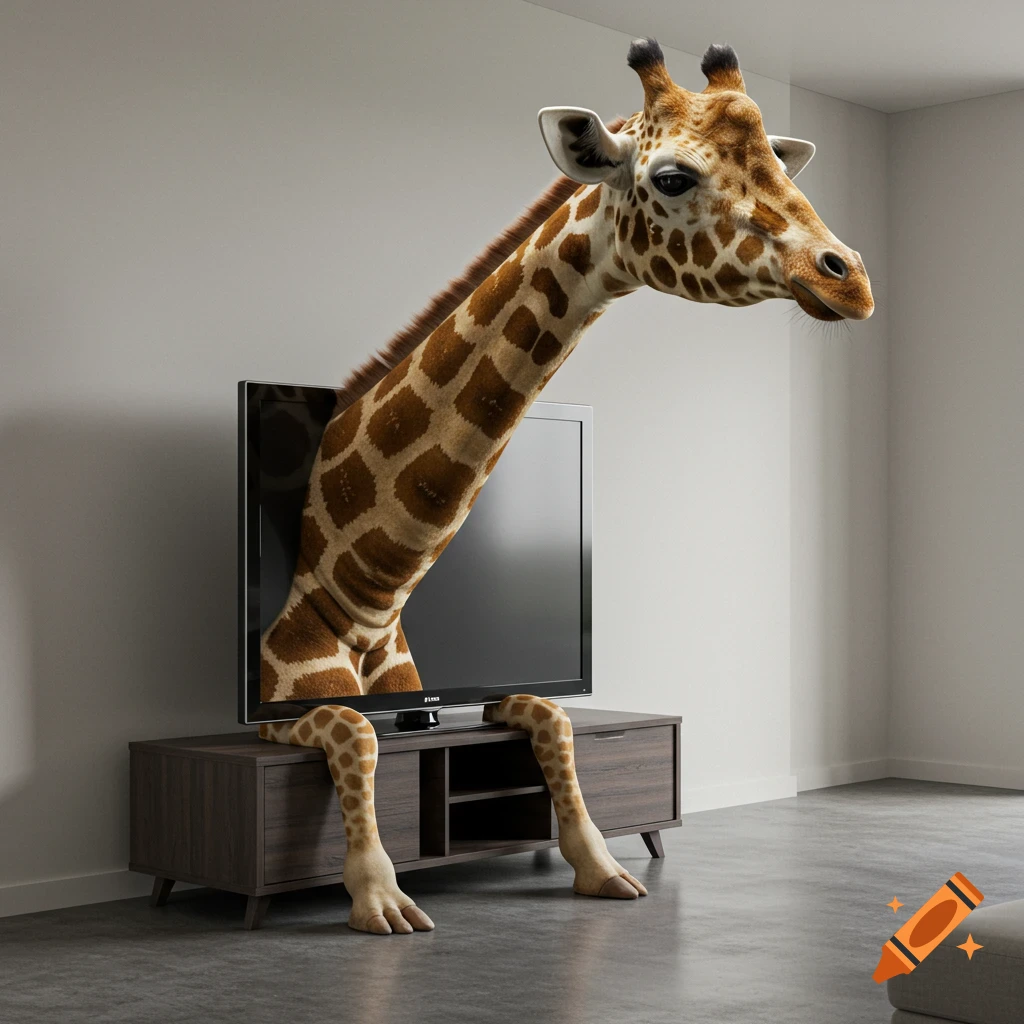 A hyperrealistic giraffe emerges from a television screen, its head above and legs hanging over a media console in a room.