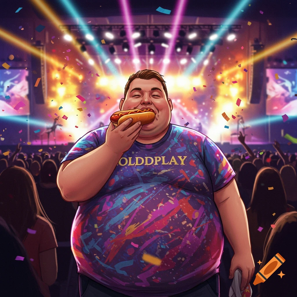 A large man happily eats a hotdog at a vibrant concert filled with confetti and colorful stage lights.