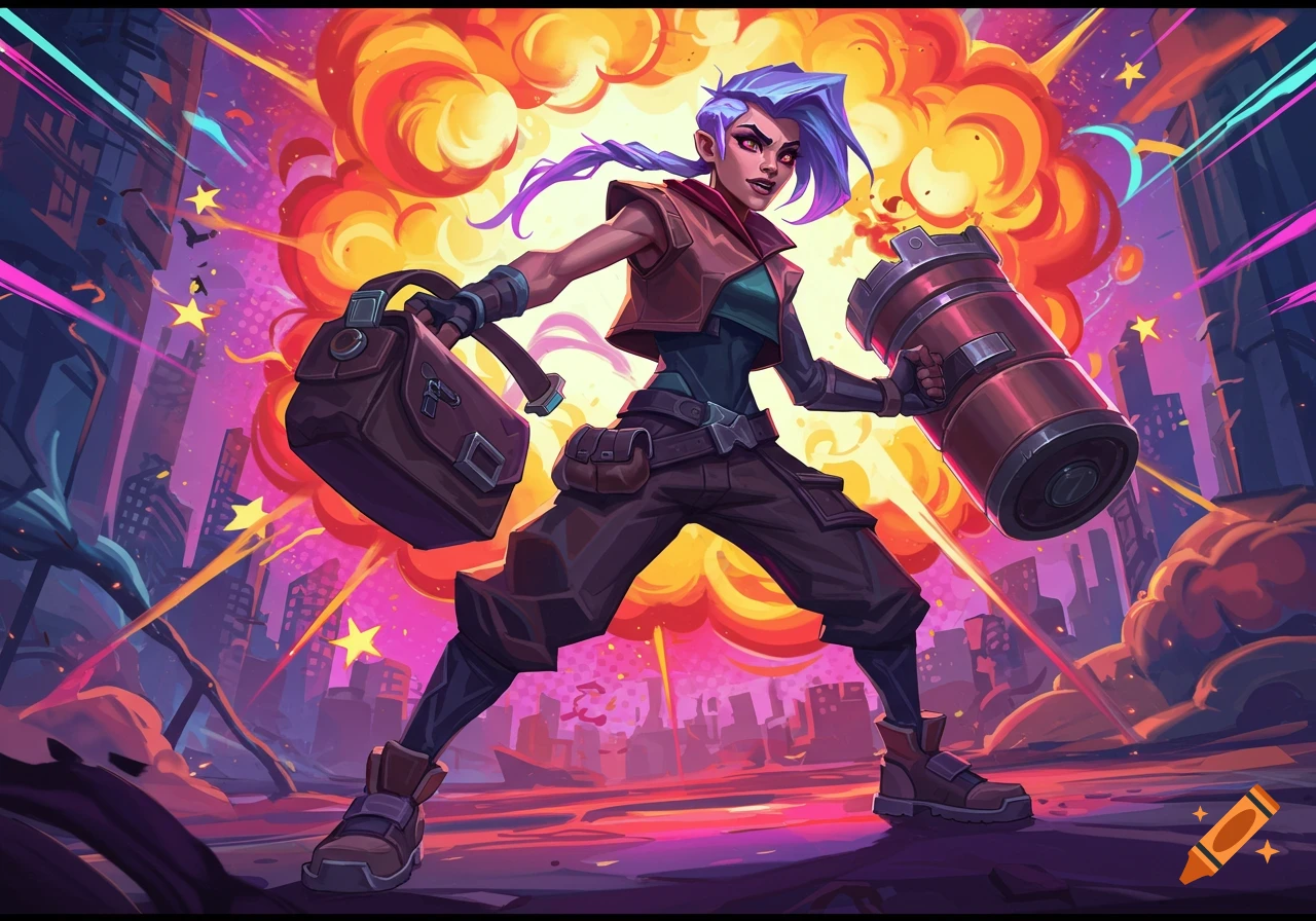 Purple-haired cartoon character, Raze from Valorant, with a bag and weapon in an explosion.