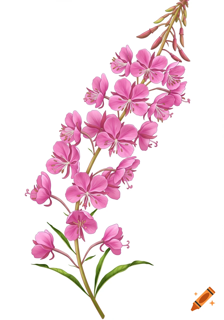 A detailed illustration of pink Alaskan fireweed flowers with green leaves on a white background.