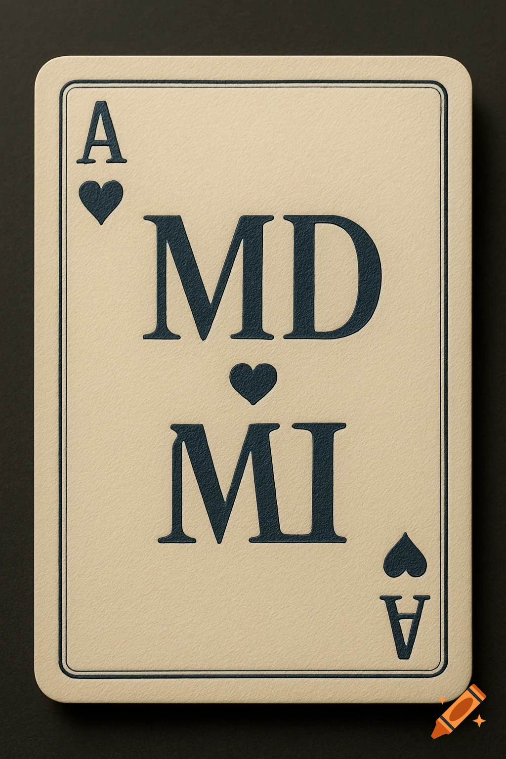 An Ace of Hearts playing card in cream color with textured paper, featuring dark blue initials 'MD' at the top and 'MI' (upside down) at the bottom, both with heart symbols.