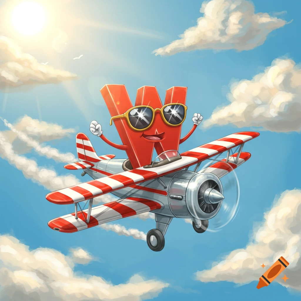 A cheerful red letter W with sunglasses pilots a red and white biplane through a sunny blue sky.