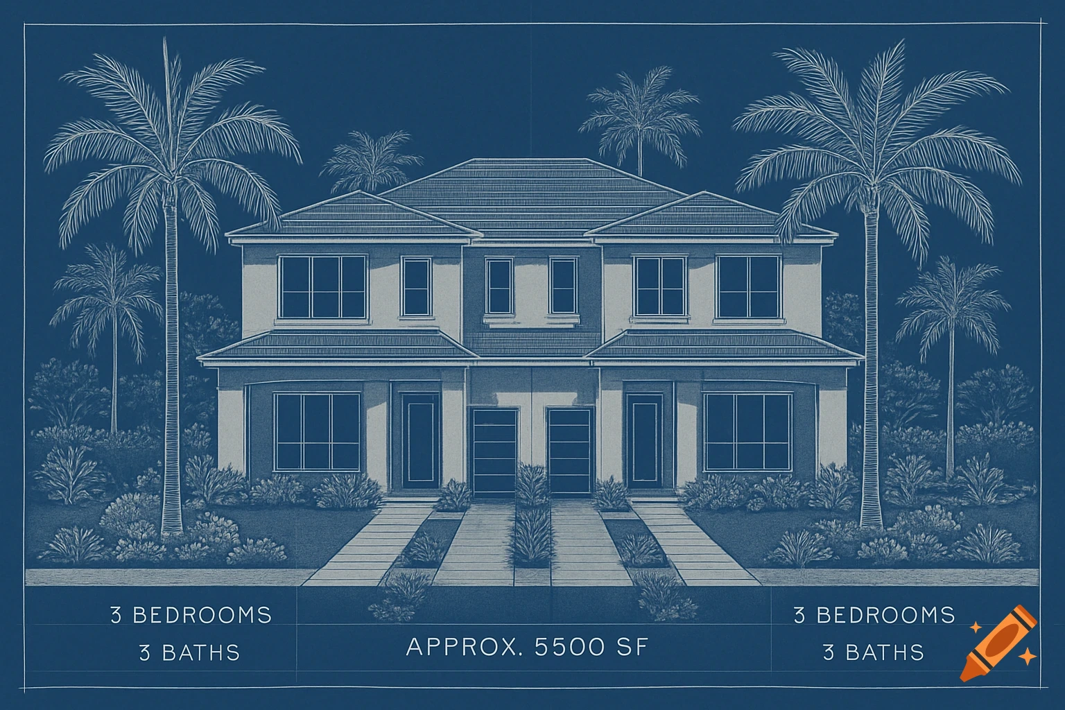 A blueprint drawing of a two-story duplex house with palm trees, landscaping, and text indicating 3 bedrooms, 3 baths, and 5500 sq ft.