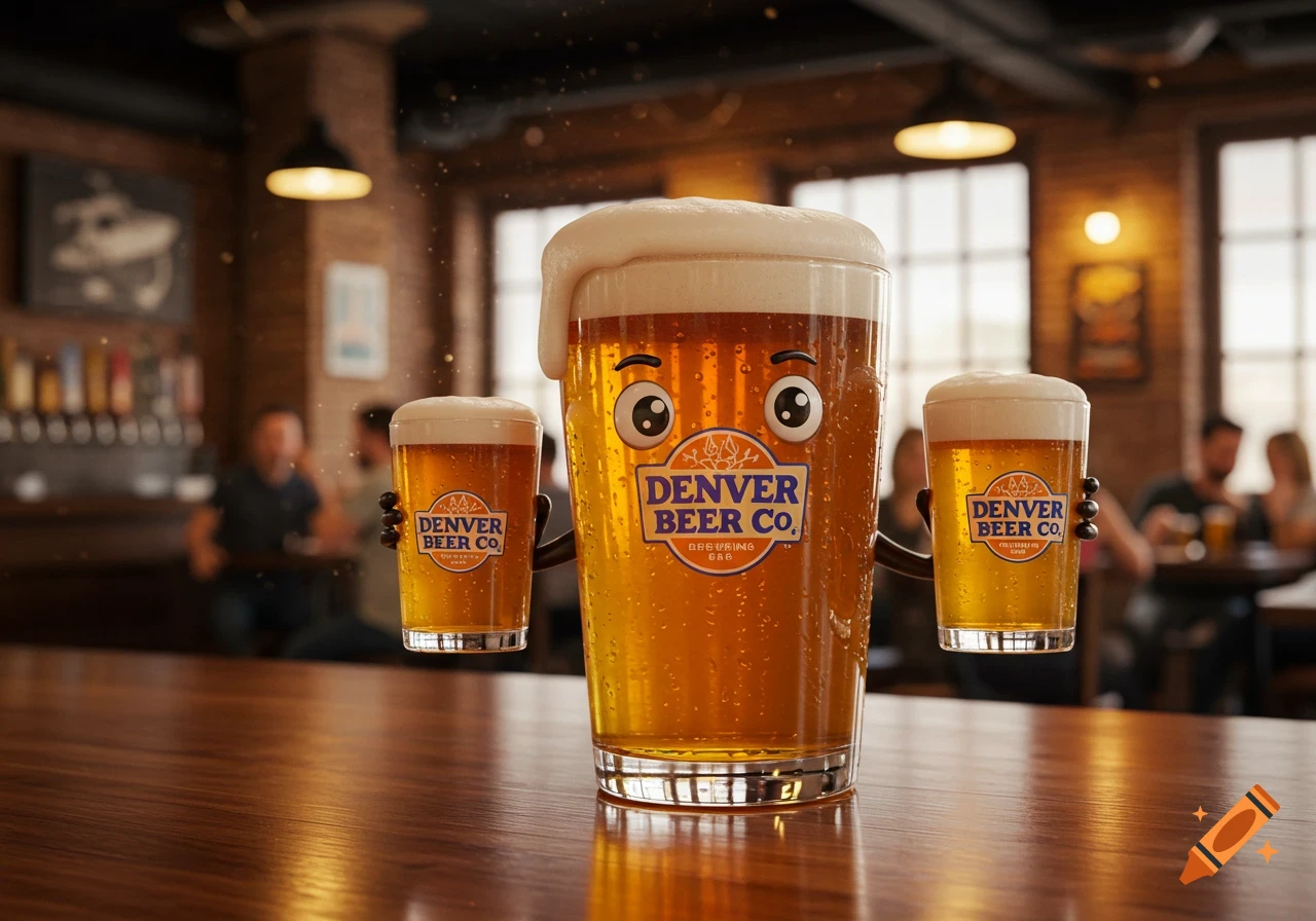 A large, anthropomorphic glass of Denver Beer Co beer with eyes and arms holds two smaller beer glasses on a wooden bar counter in a pub.