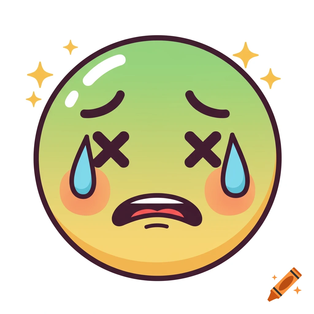 A green and yellow gradient vector emoji with X-shaped eyes, tears, open mouth, and sparkles, depicting a sick or nauseous expression.