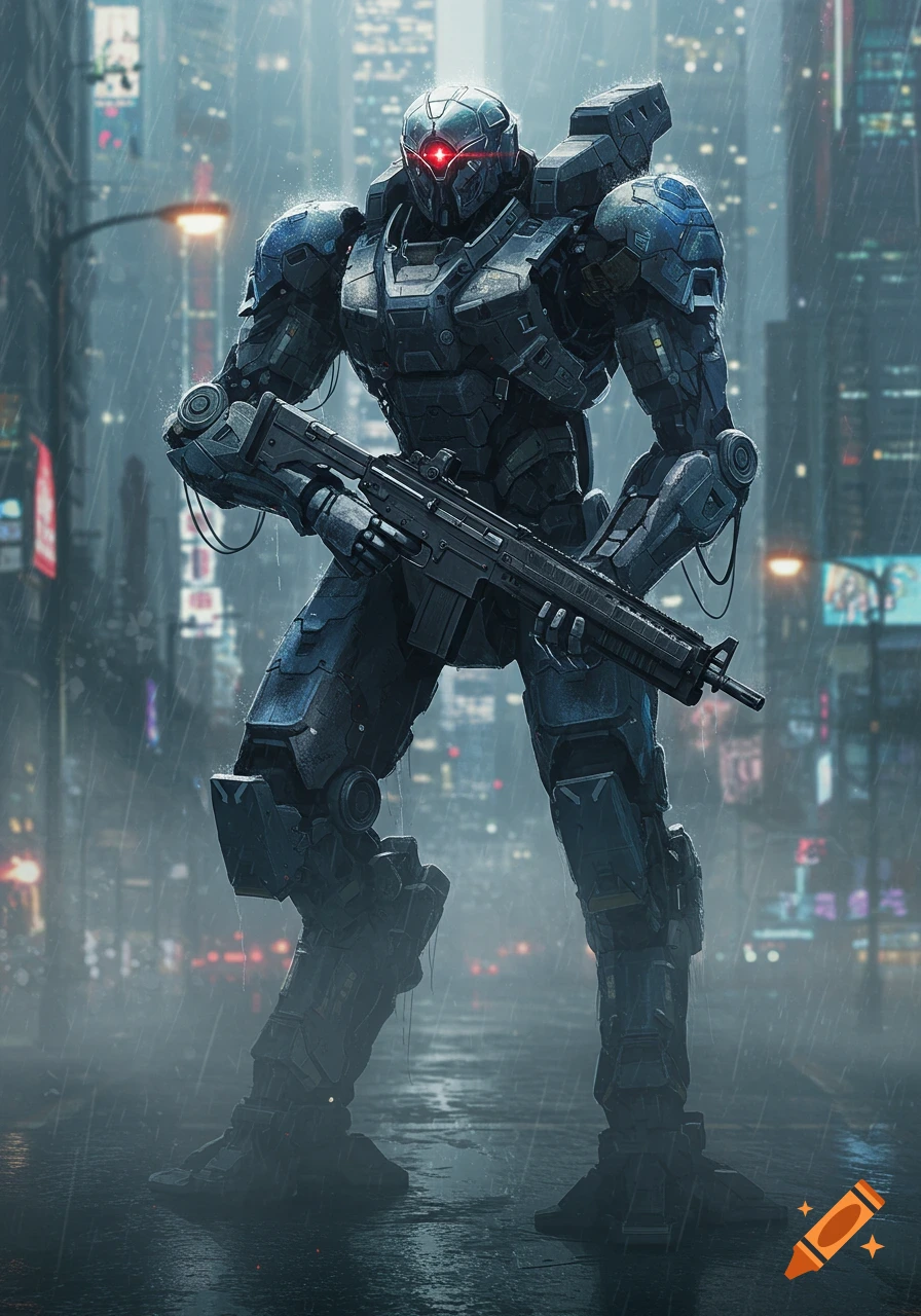 A large, armored mech robot with a glowing red eye holds an assault rifle in a rainy, foggy cyberpunk city street.