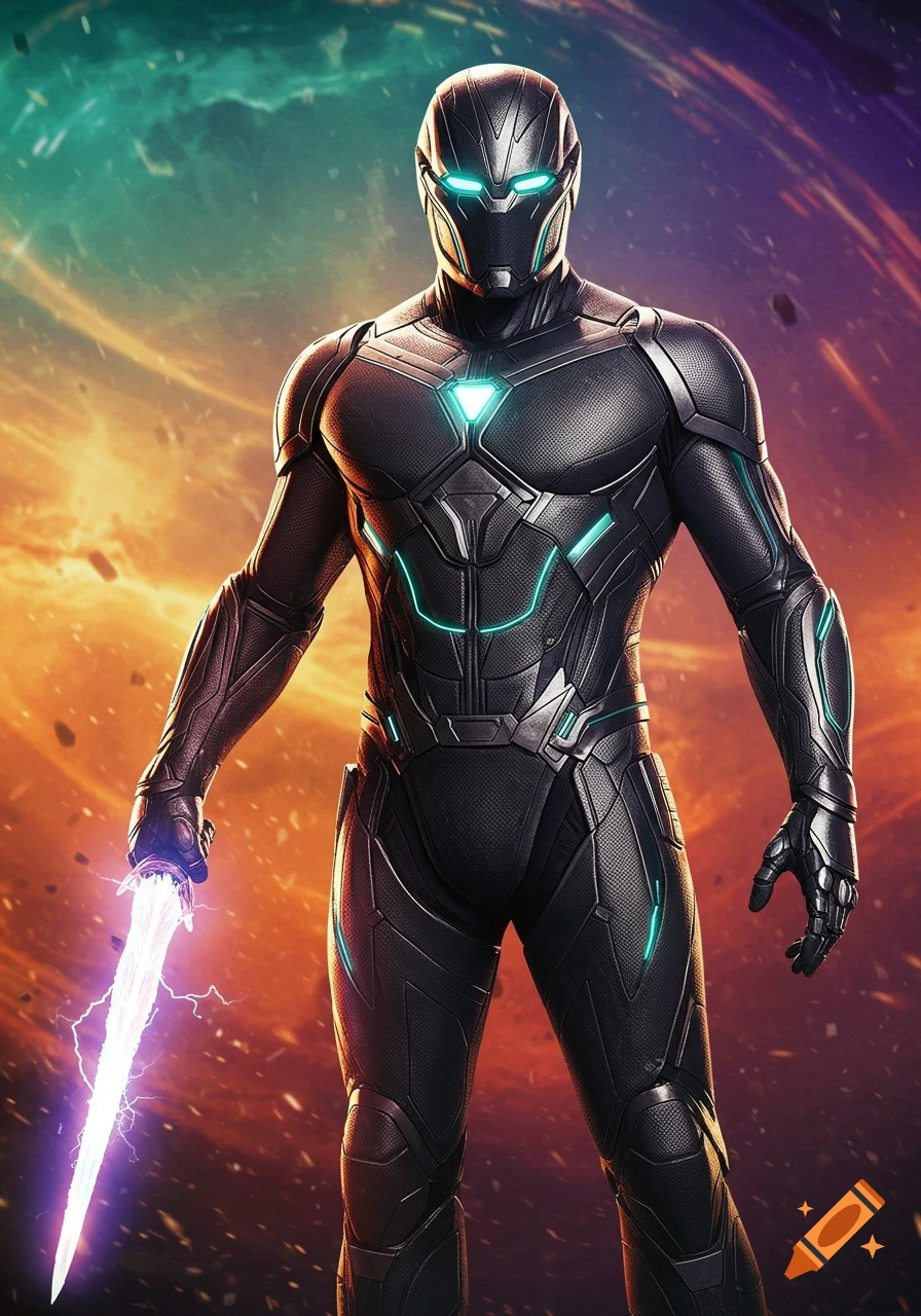 A futuristic superhero in sleek black armor with glowing teal accents holds a luminous purple sword against a vibrant cosmic background.
