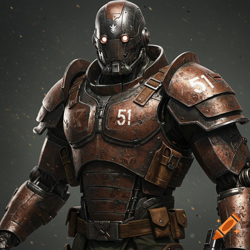 Close-up of a rusted metal cyborg wearing heavy armor with the number 51 stamped on its chest and shoulder, against a dark background.