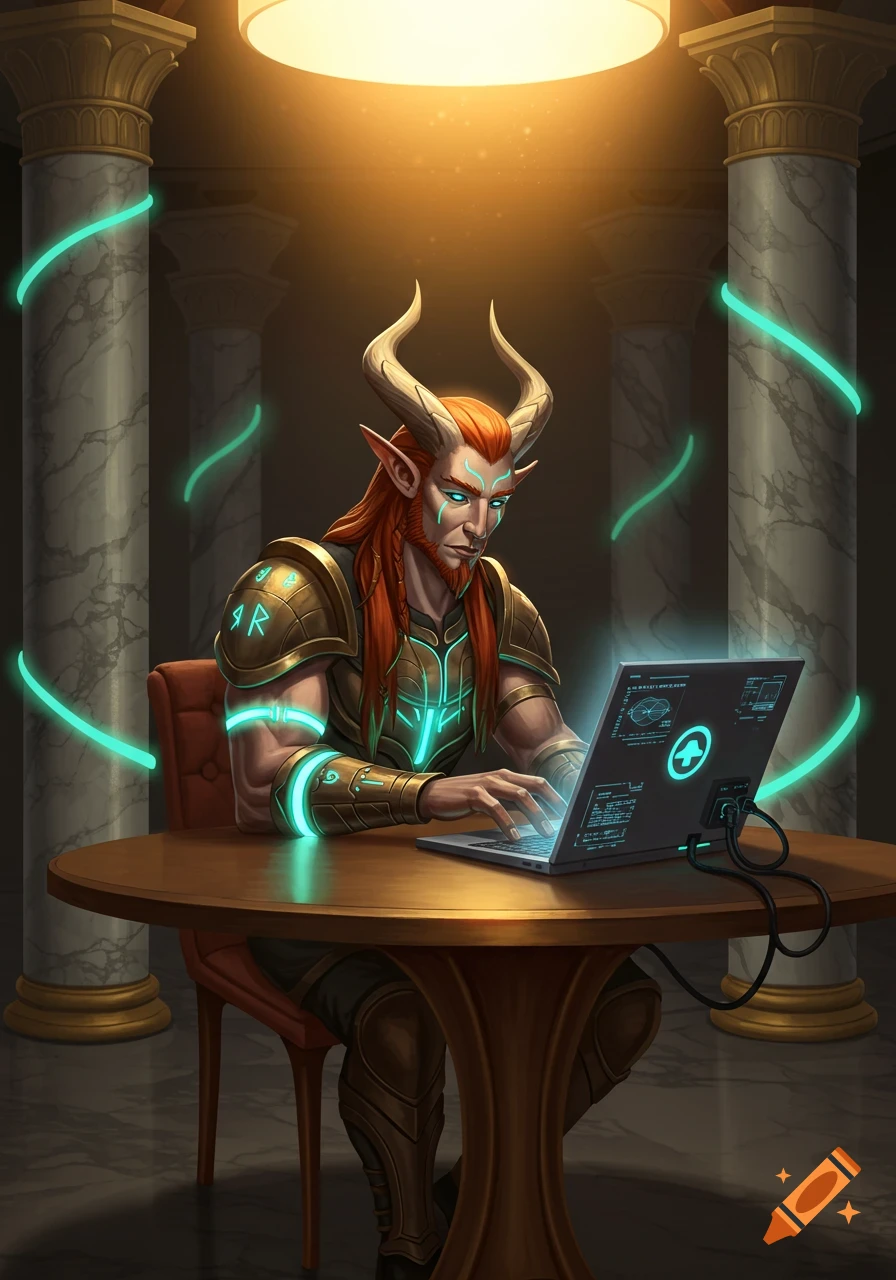 A red-haired fantasy character with horns and glowing armor uses a laptop in a room with marble columns, digital art style.