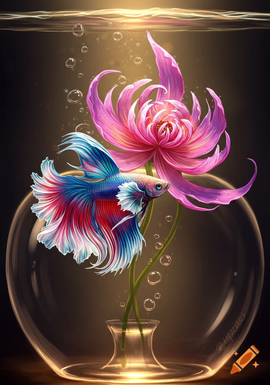 A vibrant blue and red betta fish swims beside a large pink flower in a glowing glass vase with bubbles.