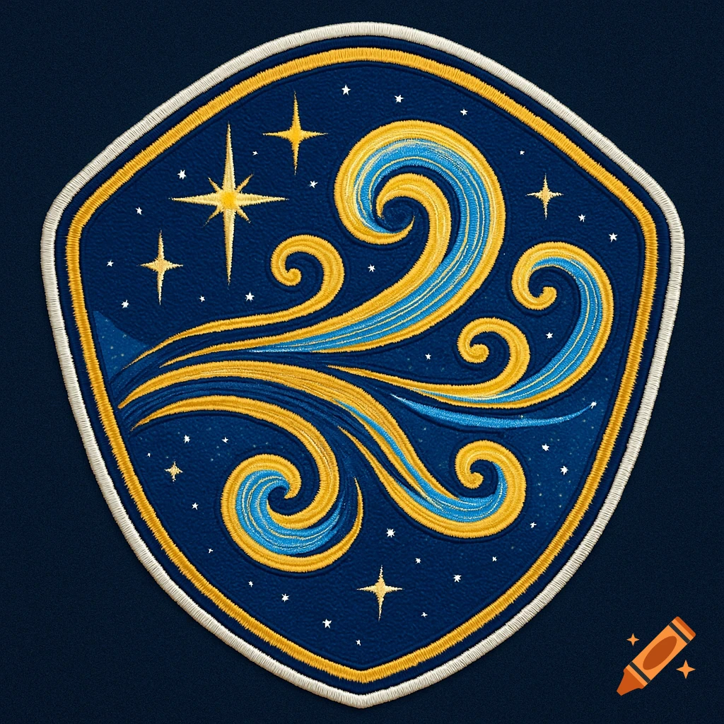An embroidered space mission patch with blue, gold, and white swirling wind motifs and stars on a dark blue background.
