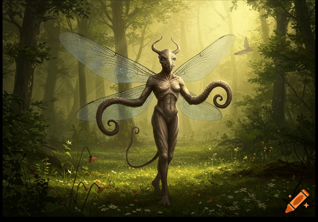 A horned, insectoid creature with dragonfly wings and coiled arms stands in a golden-lit forest.