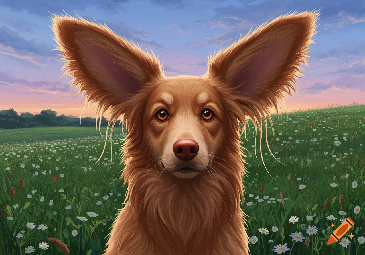 A brown dog with very long ears and a red nose looks forward in a field of wildflowers under a sunset sky.