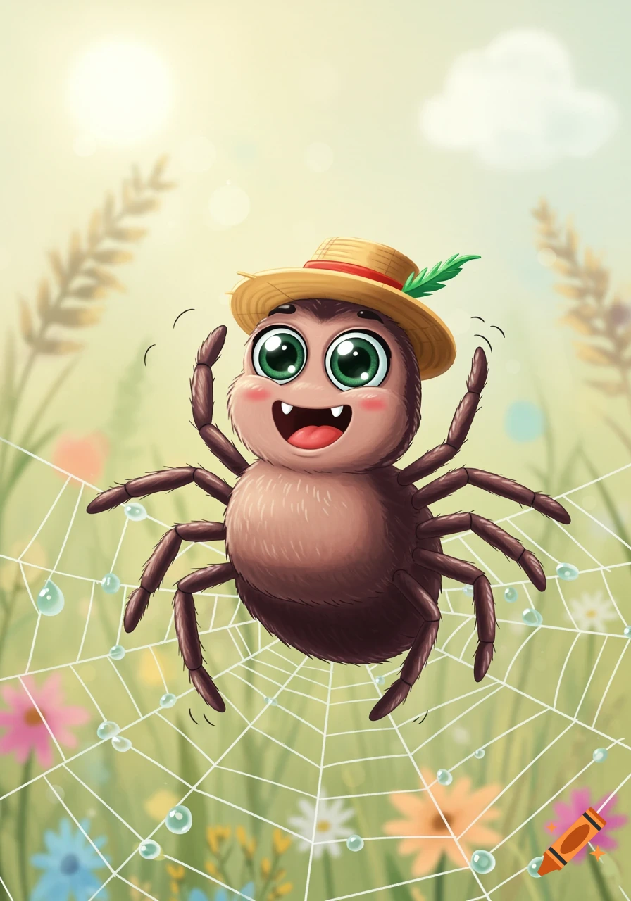 A cute cartoon spider with big green eyes and a straw hat smiles while sitting on a spiderweb with dewdrops in a sunny field.