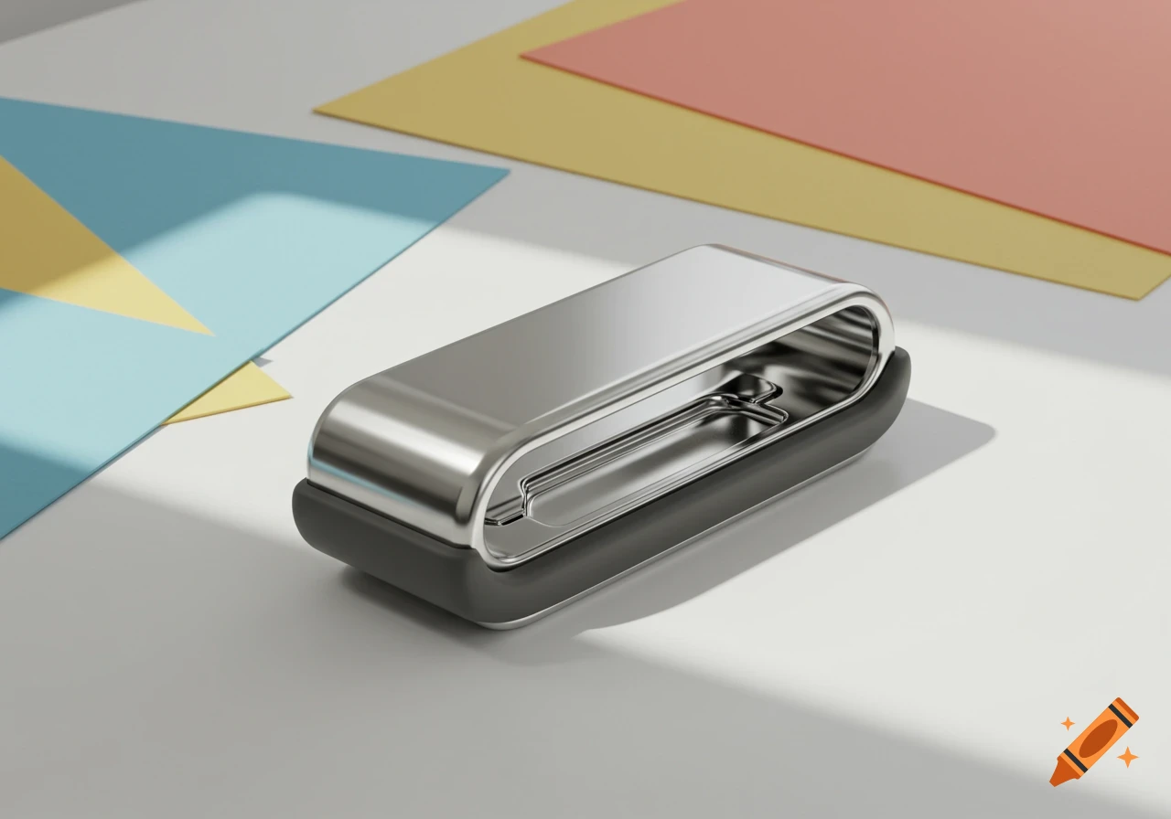A modern silver binder clip with a dark grey base sits on a light surface with colorful papers in the background.