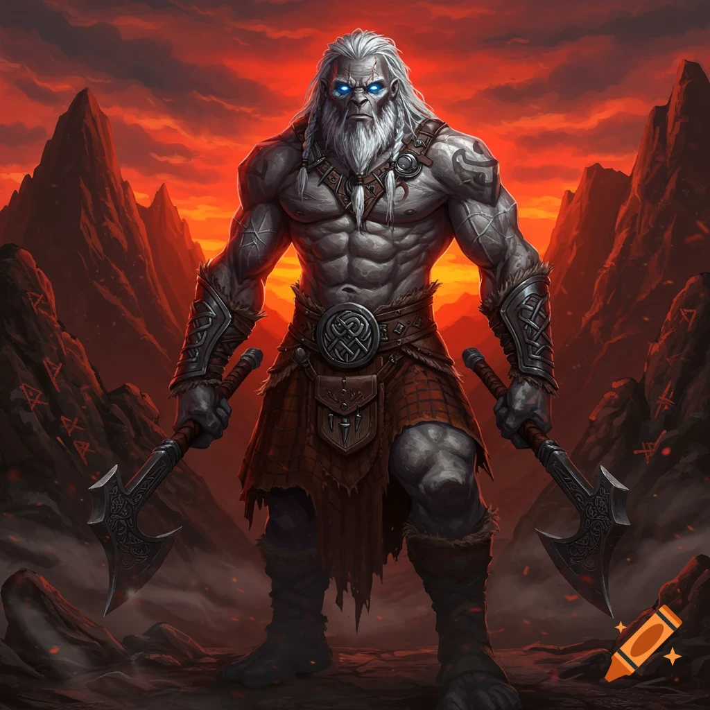 A muscular, white-haired giant with glowing blue eyes, holding two axes, stands in a fiery, mountainous landscape.