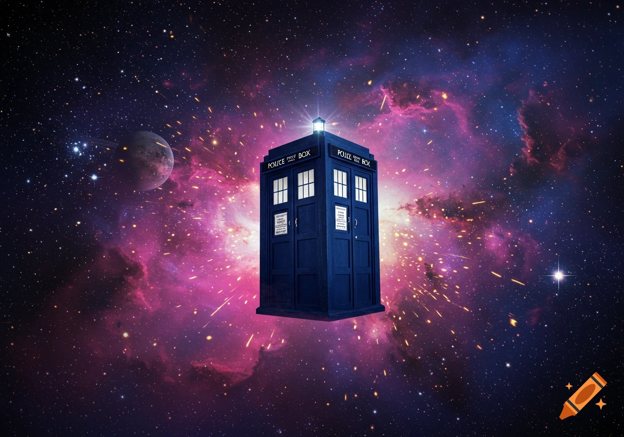 A blue TARDIS police box floats in a vibrant purple and pink nebula filled with stars and glowing particles.