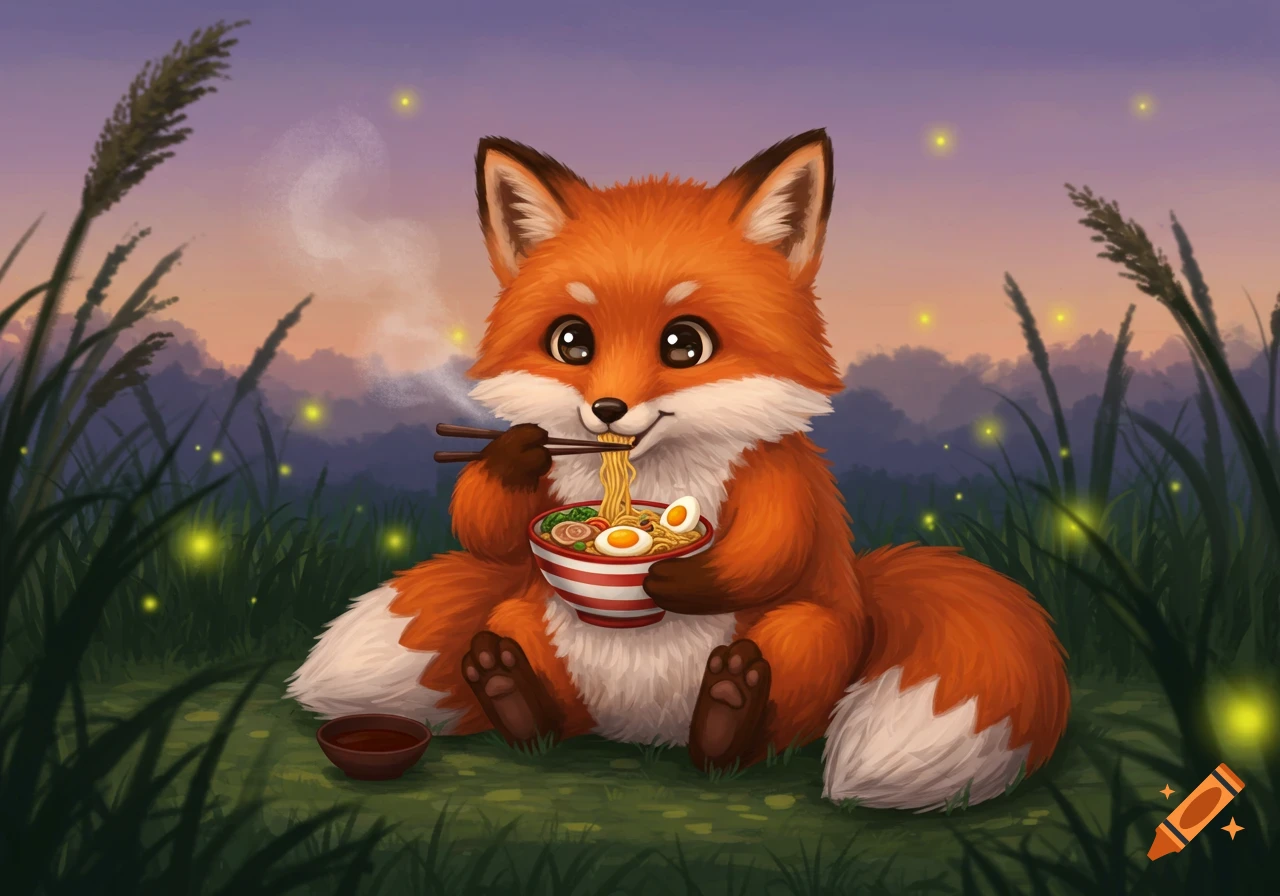 A cute illustrated fox sits in a grassy field at dusk, eating a steaming bowl of ramen noodles with chopsticks. Fireflies glow.