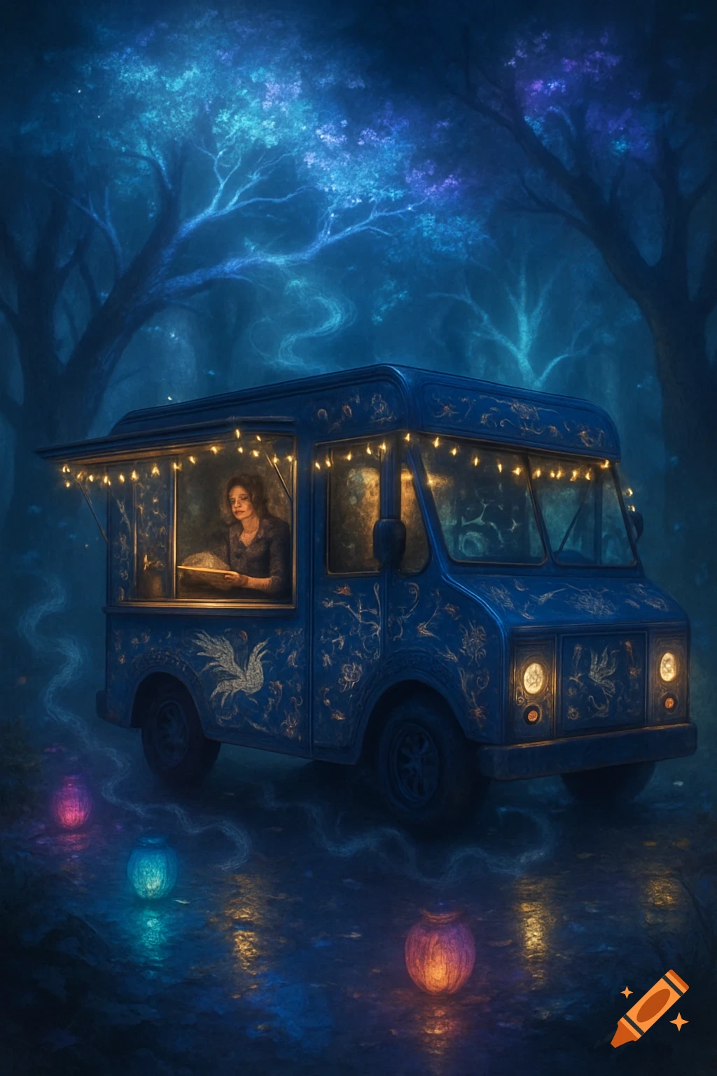 A magical blue food truck with string lights parked in a dark, glowing forest, a woman reads inside, glowing lanterns on the ground.