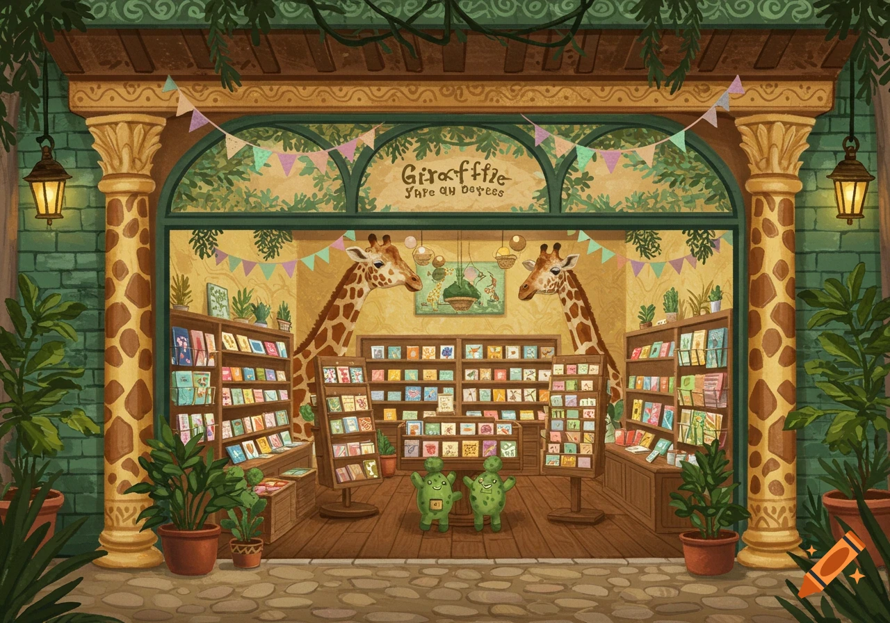 A whimsical illustration of a giraffe-themed greeting card store. Two giraffes frame the entrance, inside are shelves of cards and two small green blob characters.