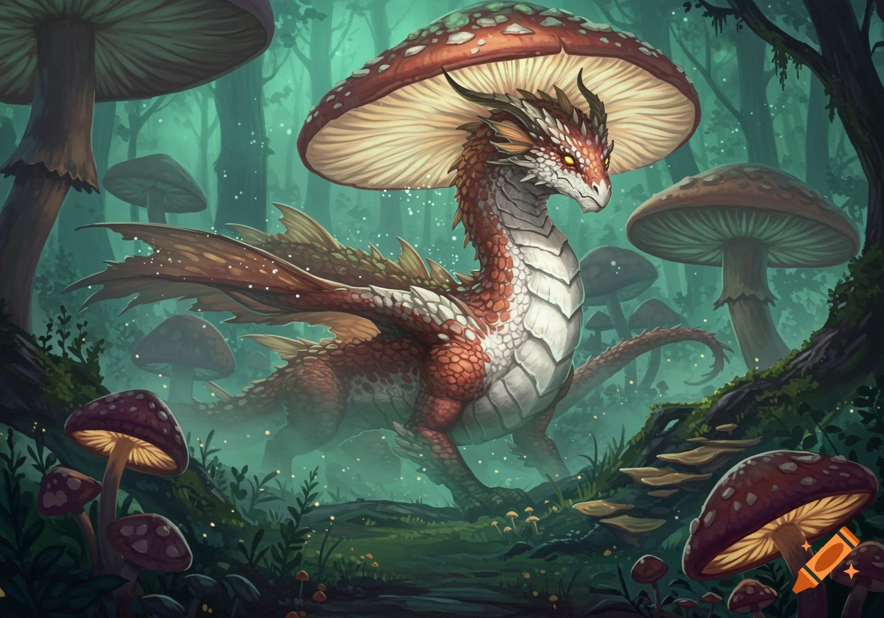 A red and white dragon with glowing eyes stands under a giant mushroom in a mystical fantasy forest.
