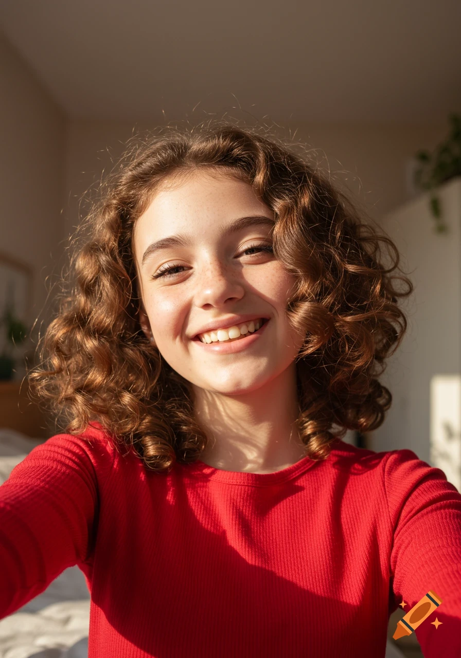 A smiling girl with curly brown hair takes a selfie, bathed in warm sunlight.