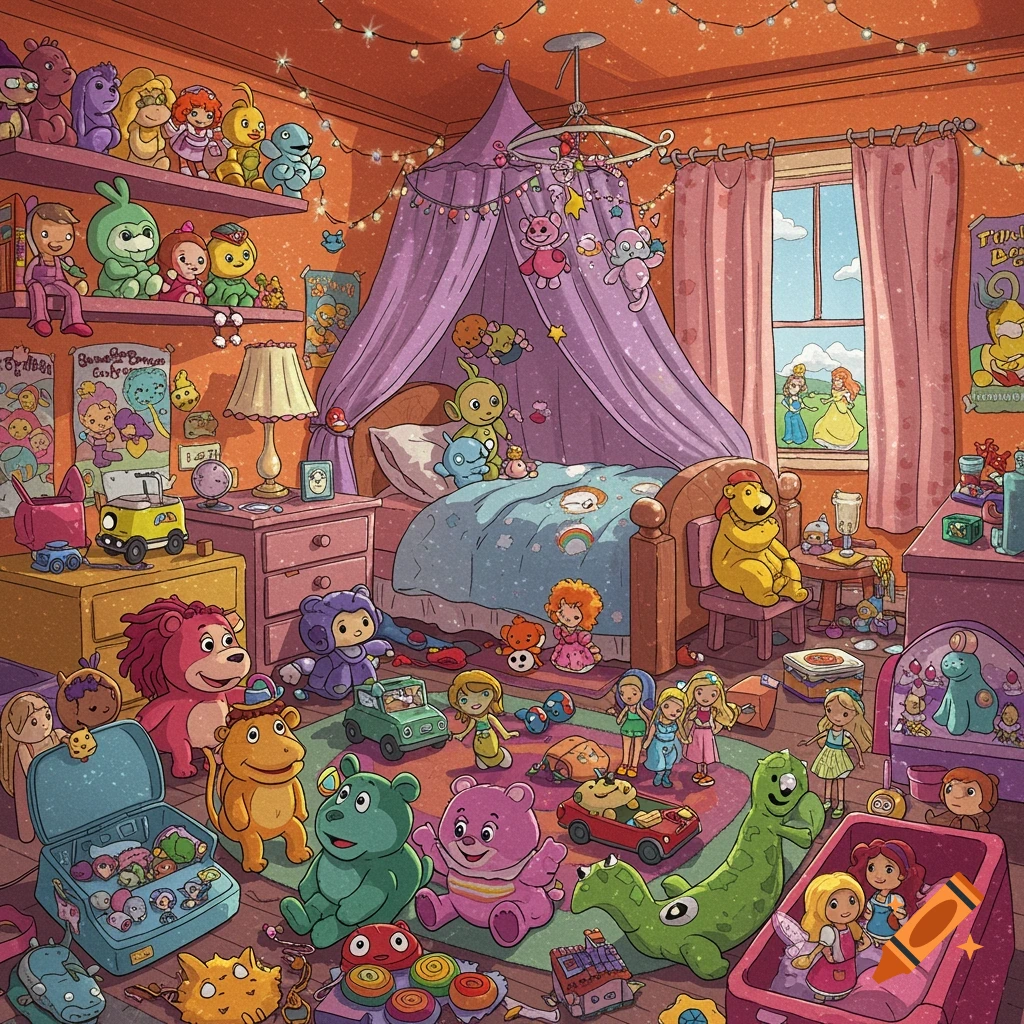 A highly detailed, colorful cartoon illustration of a messy child's bedroom filled with various toys and stuffed animals, sparkling with glitter.