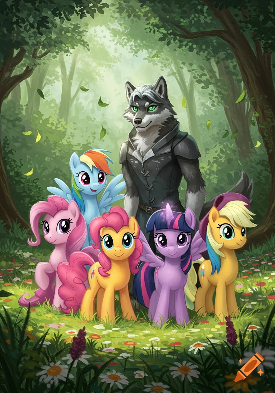 My Little Pony characters and a wolf-man standing together in a lush, green forest with flowers.