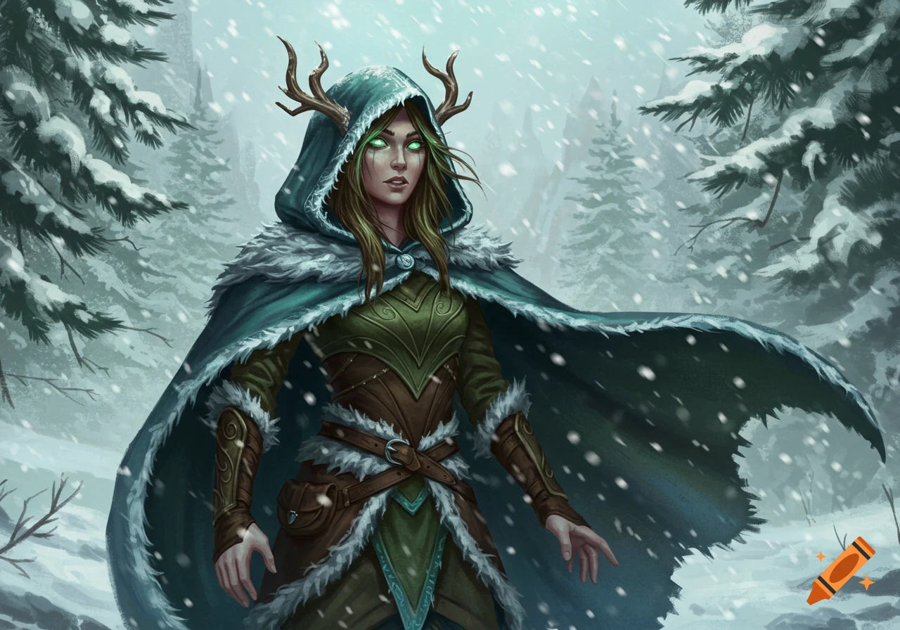 A female wood elf druid with antlers and glowing green eyes stands in a snowy forest, wearing a hooded, fur-lined cloak.