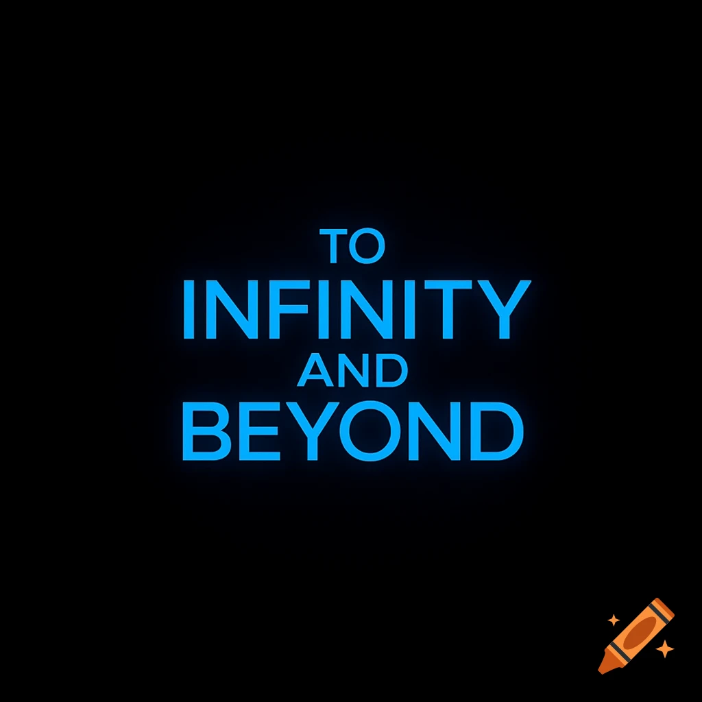 Blue glowing text "TO INFINITY AND BEYOND" on a black background.