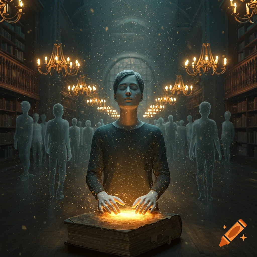 A person with eyes closed and hands over a glowing book in a dark library with ghostly figures and golden particles.