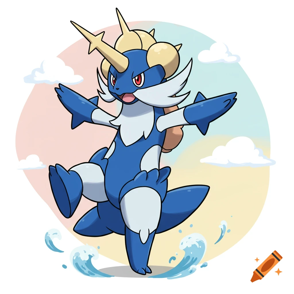 A cartoon Samurott, a blue and white Pokémon, stands on one leg in a playful pose with water splashes around its feet, against a pastel circular background.