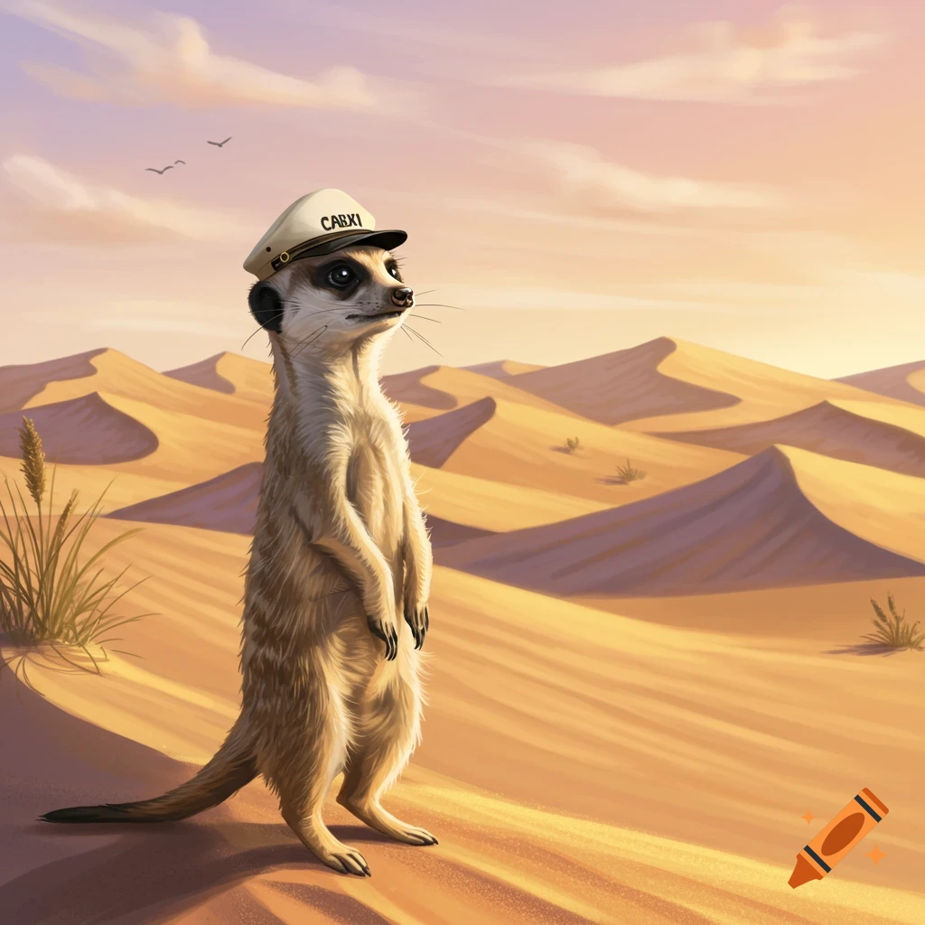 An illustrated meerkat wearing a white cabbie hat with the word "CABXI" stands in a desert landscape at sunset, surrounded by sand dunes and sparse vegetation.