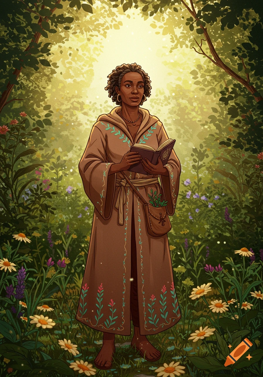 An illustrative drawing of a dark-skinned person in a long robe, holding a book, standing barefoot in a sunlit forest filled with wildflowers.
