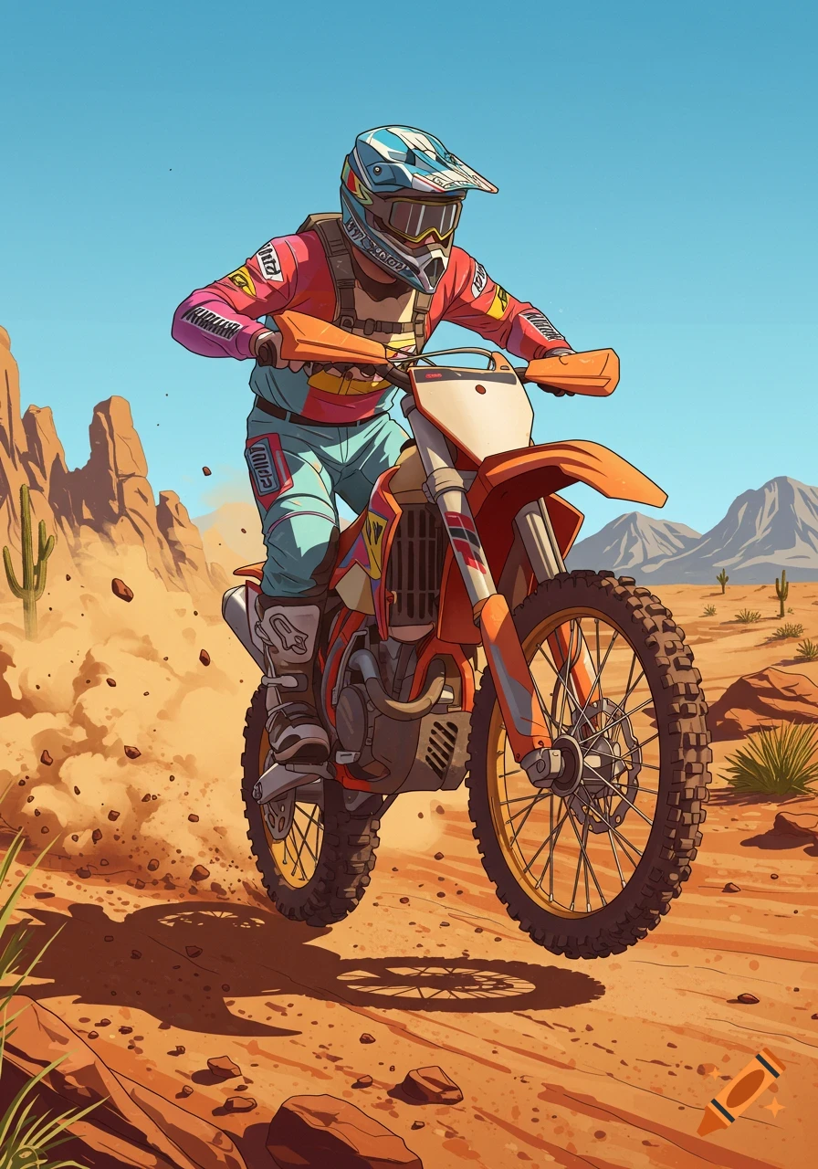 A colorful illustration depicts a motocross rider in a desert landscape, kicking up dust as they ride a dirt bike with a vibrant blue sky overhead.