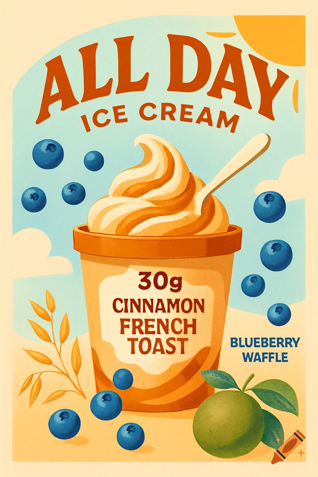 An illustrated vintage-style poster for All Day Ice Cream featuring a cup of ice cream with blueberries and text 'ALL DAY ICE CREAM 30g CINNAMON FRENCH TOAST BLUEBERRY WAFFLE'.