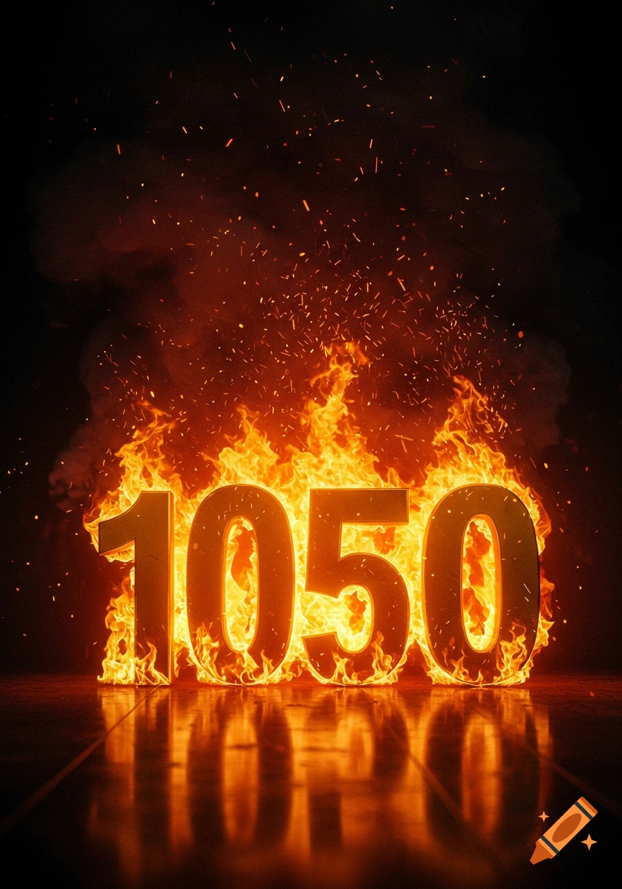 The numbers 1050 engulfed in vibrant flames with sparks rising against a dark background, reflecting on a surface below.