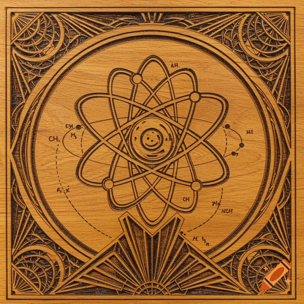 An intricate art deco style laser engraving of an atom model with orbitals on a light brown wooden surface.