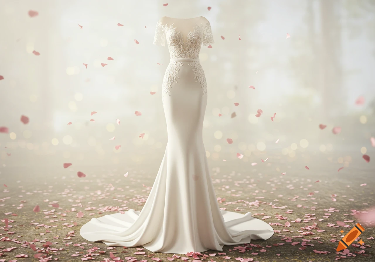 A white mermaid wedding dress with lace bodice details and a mesh neckline, set in a soft, ethereal forest with falling pink petals.