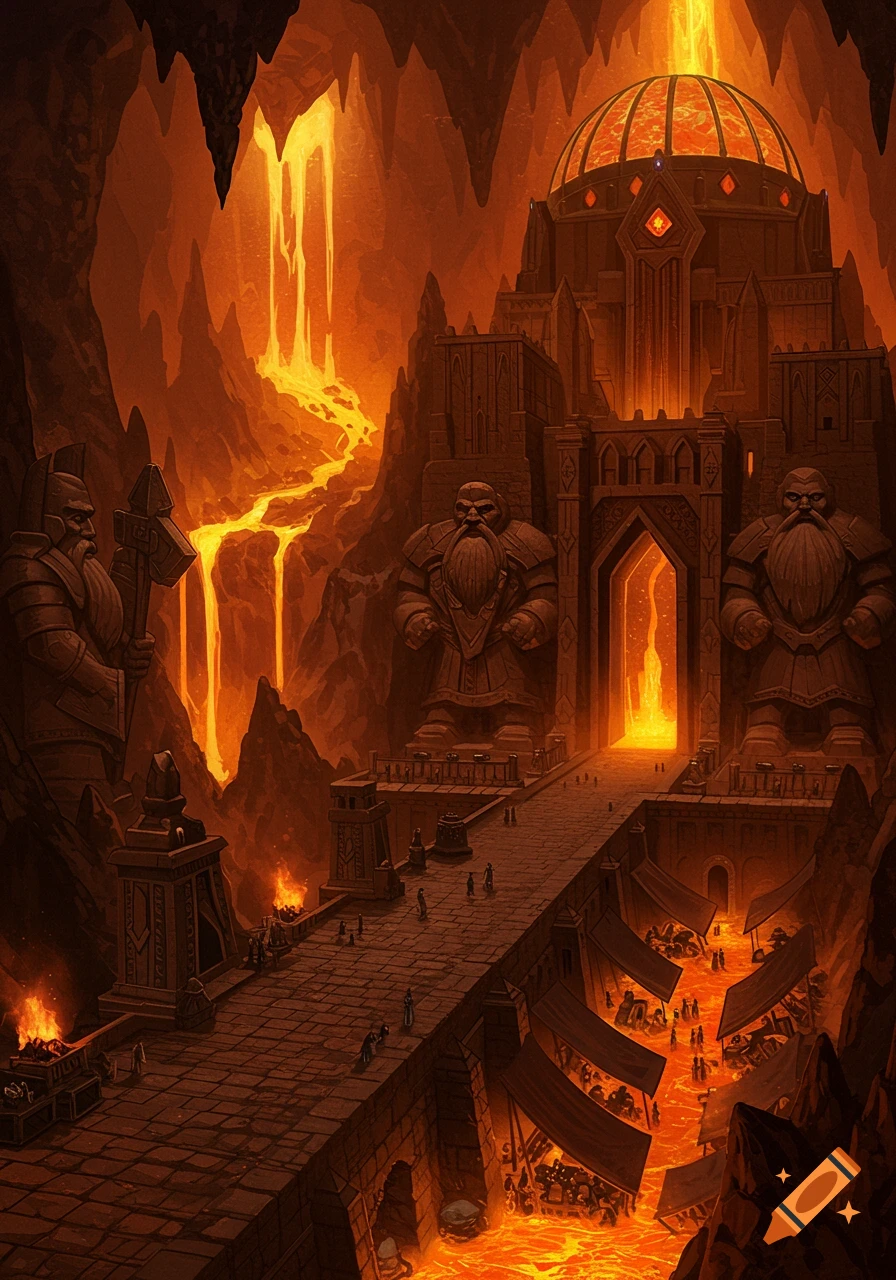 A vast underground dwarven city with a grand fortress, large dwarf statues, and rivers of flowing lava.