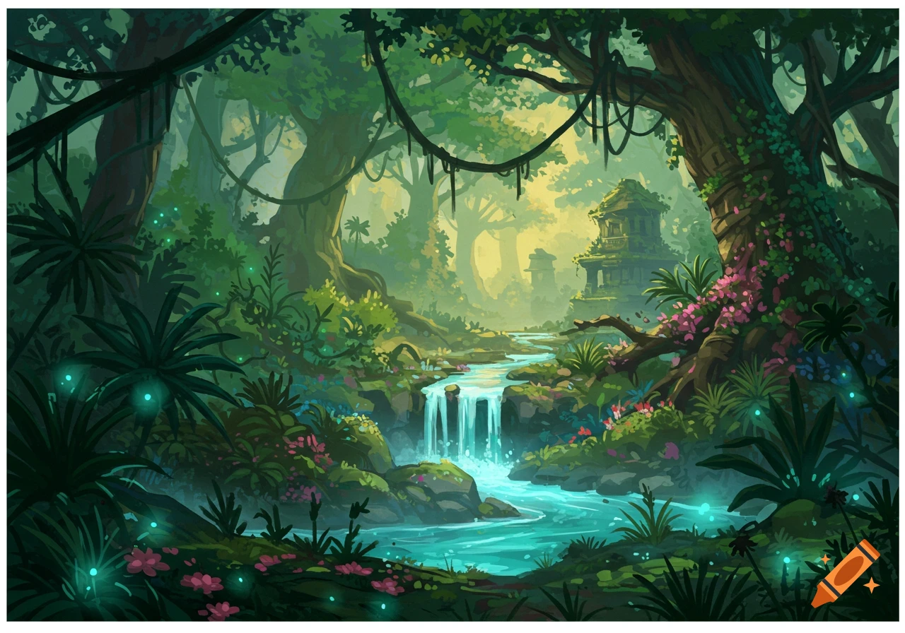 A vibrant fantasy jungle landscape with a river, waterfall, lush green trees, glowing plants, and ancient ruins in the distance.