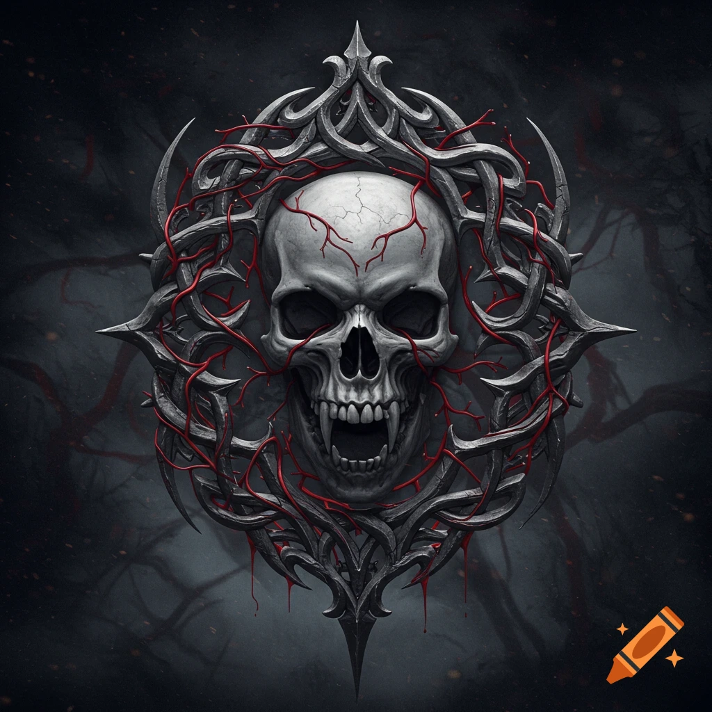 A detailed, stylized vampire skull emblem with fangs and red veins, encircled by an ornate gothic metal frame on a dark, textured background.