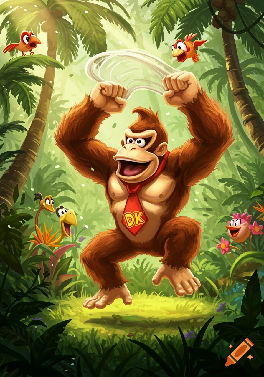 Donkey Kong in a vibrant jungle, performing the floss dance move with arms raised, surrounded by various cartoon animals.