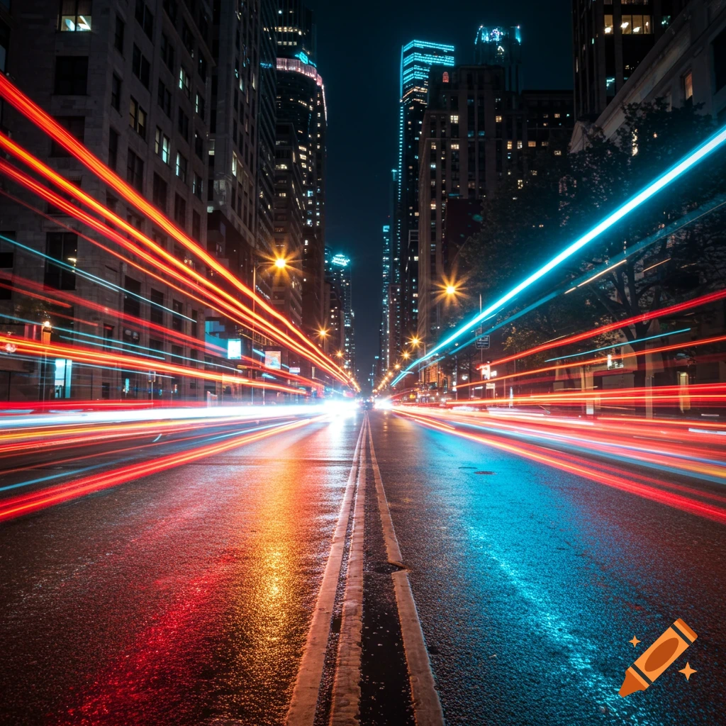 Vibrant long exposure photo of a city street at night with streaks of red and blue car lights and tall buildings.