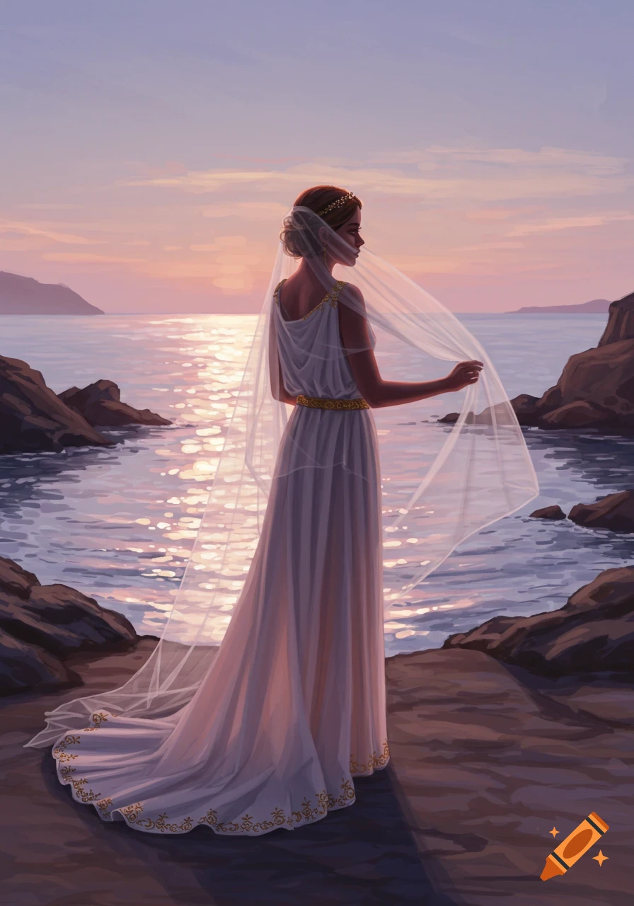 A woman in a white Roman wedding dress stands on rocks by the ocean at sunset, holding her veil. The water reflects the golden light.