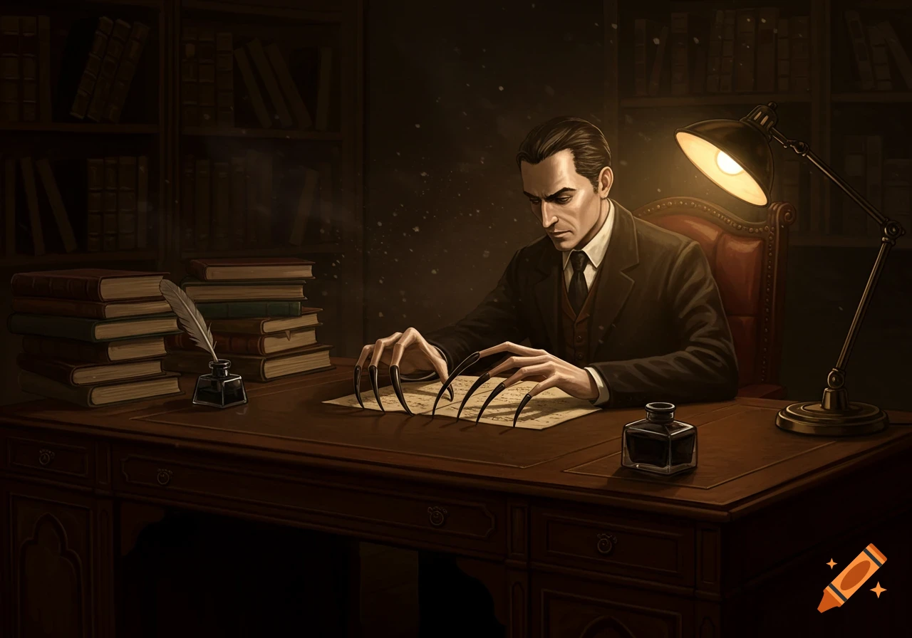A man with unusually long, dark fingernails reads a document at a desk in a dimly lit, book-filled room.
