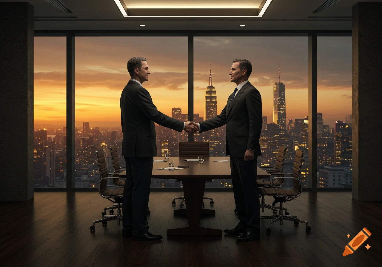 Two men in suits shake hands in a modern office overlooking a city skyline at sunset, signifying a deal.
